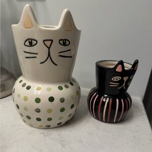 Threshold Ceramic Cat Vases in Cream with Green Dots and Black with Pink Stripes